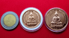 Set of 2 coins (large and small prints) polished copper coins, sandblasted, Emerald Buddha in winter style, back side, S.T., Perth Mint block, Wat Bowon, 1994