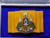 Golden Jubilee pin on yellow silk cloth, created on the occasion of the 75th birthday of King Rama IX in 2002, with original case, guaranteed authentic.