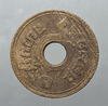 1 satang coin with hole, copper, Unalome - Phra Saeng Chak, year 1914, used