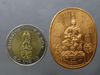 The amulet coin of King Naresuan the Great, "Black", sitting on a large throne, "Defeat the Enemies" model, Ayutthaya Province, year 2006, copper material.