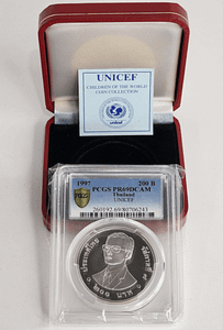 200 Baht Polished Silver Coin, Children Playing with Pieces, 50th Anniversary of the United Nations Children's Fund UNICEF, 1997, PCGS PR 69 DCAM Grade Coin