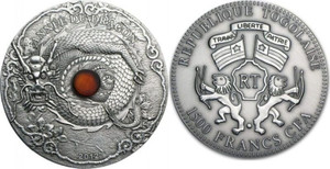 2012 - Togo 1500 Francs Year of the Dragon Amber Lunar “1” 2 Oz Silver Coin