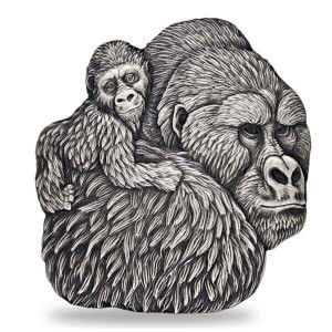 2023 - 1 Oz Silver Coin Chad 5000 CFA Gorilla & Child Shaped Antiqued High Relief