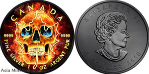 2018 - 5 Dollars BURNING SKULL Maple Leaf Ruthenium 1 Oz Silver Coin 5$ Canada
