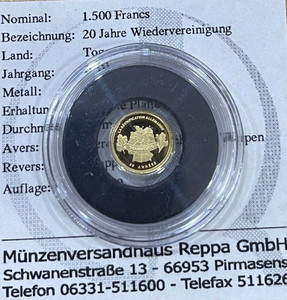 2012 - TOGO 1500 francs in 9999 gold (0.5g), PP - 20 years reunification