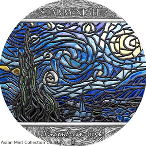 2022 - Starry Night Vincent Van Gogh Stained Glass Art 2 oz Silver Coin Ghana