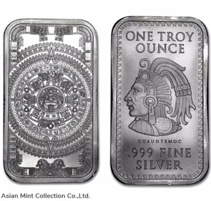1 Troy oz .999 Fine Silver Aztec Calendar Cuauhtemoc Bullion Bar