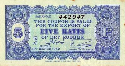 1942 Sarawak Rubber Export Coupon 5 Katis physical Other Collectibles 