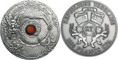 2012 - Togo 1500 Francs Year of the Dragon Amber Lunar “1” 2 Oz Silver Coin