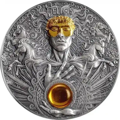 2022 - Helios Divine Faces of the Sun 3 oz Antique finish Silver Coin 5$ physical Antique Finish Mint XXI