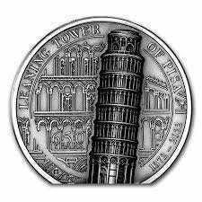 2022 Cook Island Leaning Tower of Pisa 2 oz. Silver Antique Finish Coin physical High Relief CIT