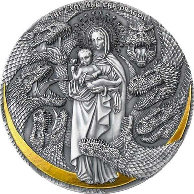2021 - The Lady and the Dragon Apocalypse 3 oz Antique finish Silver Coin Cameroon physical High Relief Mint XXI