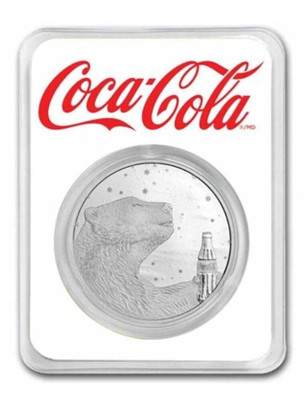 Coca-Cola®1 oz Silver Polar Bear Round in TEP &amp; Blue Velvet Gift Bag physical Themes & Pop Culture 