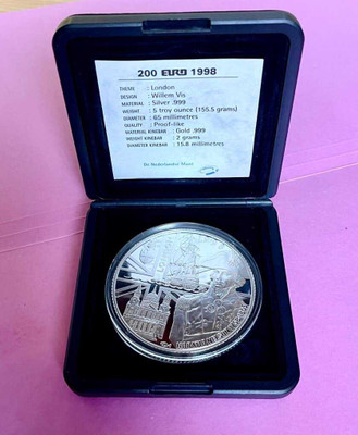 1998 Dutch 200Euro Bi-Metal London Coin (2gram Gold + 155gram Silver) physical Themes & Pop Culture 