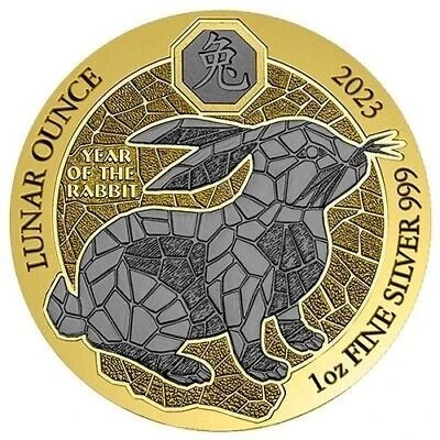 2023 - 1 Oz Silver 50 Francs Rwanda YEAR OF THE RABBIT Gilded Ruthenium Coin - 222/1000