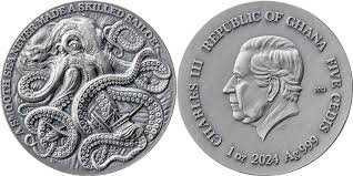 2024 - Kraken Life Quotes 1 oz Antique finish Silver Coin 5 Cedis Ghana physical World Coins Mint XXI