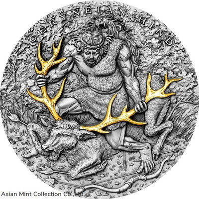 2020 - Twelve Labours of Hercules - Ceryneian Hind - $5 silver coin with Gold plated 24K 2 oz physical Themes & Pop Culture New Zealand Mint