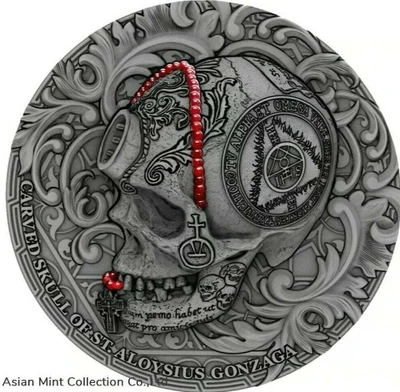2018 1 Oz Silver CARVED SKULL BONES OF ST. ALOYSIUS GONZAGA Antique Coin physical Themes & Pop Culture Mint of Poland