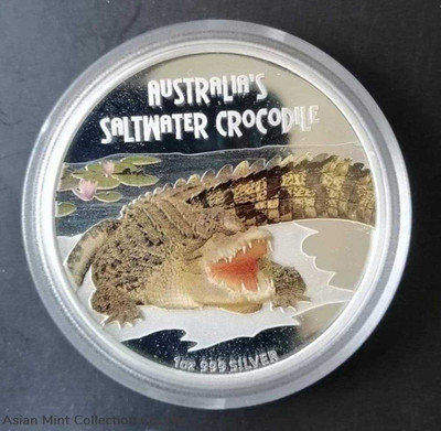 2009 Australia Saltwater Crocodile 1 Oz Silver Proof Coin with Color. physical World Coins Perth Mint