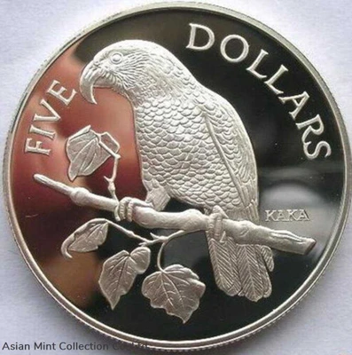 1996 Kaka Bush Parrot 5 Dollars Silver Coin, Proof physical Themes & Pop Culture New Zealand Mint