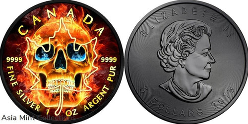 2018 - 5 Dollars BURNING SKULL Maple Leaf Ruthenium 1 Oz Silver Coin 5$ Canada