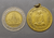 First edition of the King Rama IX ordination coin, full pagoda block, gold-plated brass, year 1965, used, guaranteed authentic, easy to see.