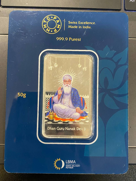 MMTC-PAMP guru Nanak 50 grams colorized silver bar