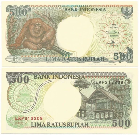 1992/1997 BANK of INDONESIA Choice Crisp LIMA RATUS or 500 RUPIAH Note ORANGUTAN