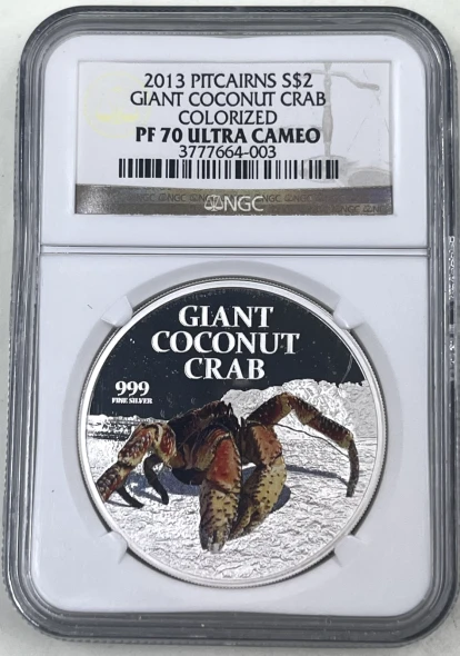 2013 Pitcairns S$2 NGC PF 70 Ultra Cameo Giant Coconut Crab Colorized