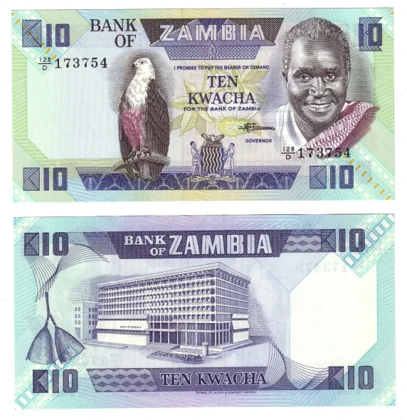 Banknote - 1980-88 Zambia, 10 Kwacha, P26 UNC, African Fish Eagle (F) Bank (R)