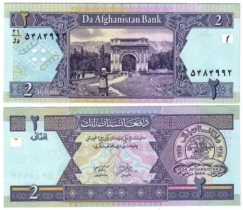 Banknote - 2002 Afghanistan, 2 Afghani, P65 UNC, Victory Arch in Gardens (R)