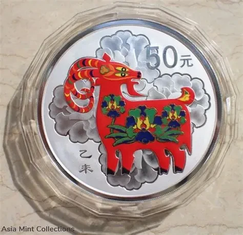 2015 - 5 oz - Silver Lunar Coin Values and Mintage CHINESE 2015 YEAR OF THE GOAT COLORIZED SILVER 50 YUAN PF UC