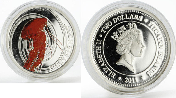 Pitcairn Islands Pitcairn Island 2 dollars Chrysaora Achlyos Jelly Fish colored silver coin 2011 Proof