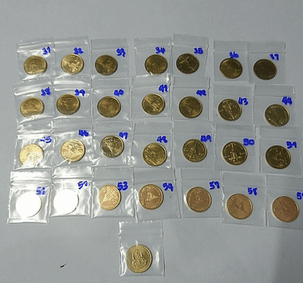 Complete set of 50 satang coins (years 1988-2017 and the Kanchanaphisek Day series, excluding years 2012-2013), reign of King Rama IX, uncirculated.