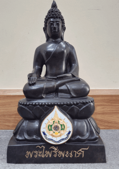"Phra Pairi Pinat" Buddha statue, 5 inches wide, bronze, blackened, commemorative of the 72nd birthday of King Rama IX, Wat Bowonniwet Vihara, year 1999.