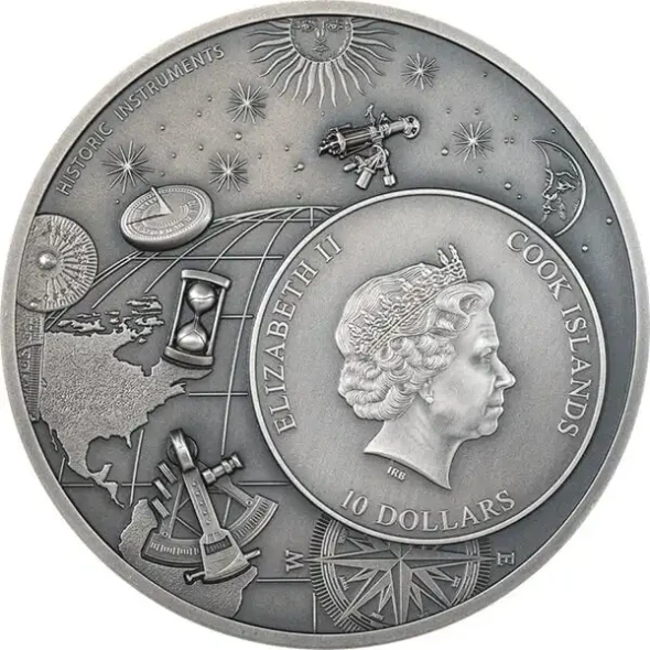 Astrolabe Historic Instruments 2 oz Antique finish Silver Coin Cook Islands 2023