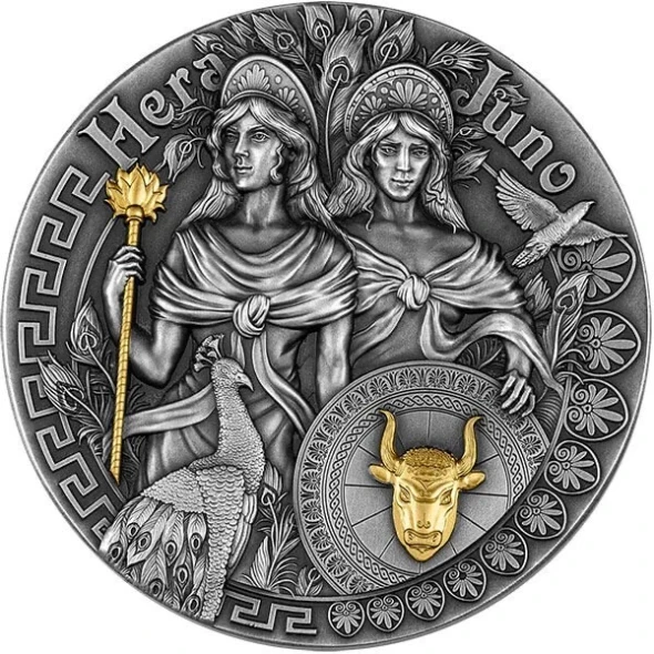 Hera &amp; Juno 2 oz Antique finish Silver Coin 5$ Niue 2022
