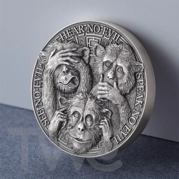 Three Wise Monkeys Life Quotes 1oz Antique finish Silver Coin 5 Cedis Ghana 2022