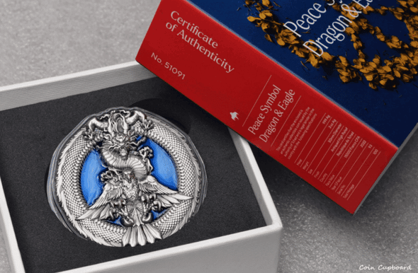 2022 - Chad - 3oz .999 silver - "Peace Symbol / Dragon & Eagle"