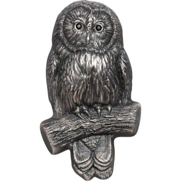 2019 - URAL OWL 3D shaped Swarowski Eyes 2 oz Silver Coin Mongolia