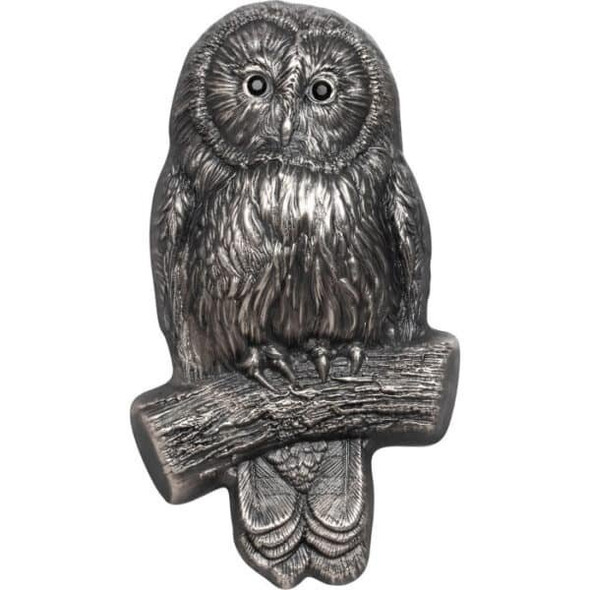 2019 - URAL OWL 3D shaped Swarowski Eyes 2 oz Silver Coin Mongolia