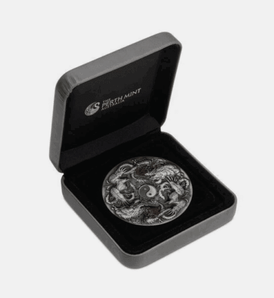 2021 $2 Tuvalu DOUBLE DRAGON N DOUBLE PHOENIX Ying Yang Antique 2 Oz Silver Coin