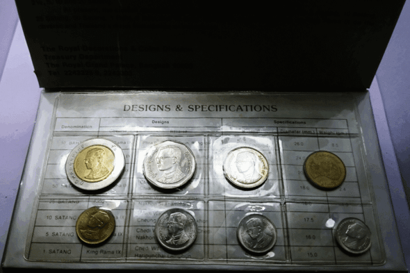 A set of circulating coins from the year 1992 (B.E. 2535) from the Royal Thai Mint.