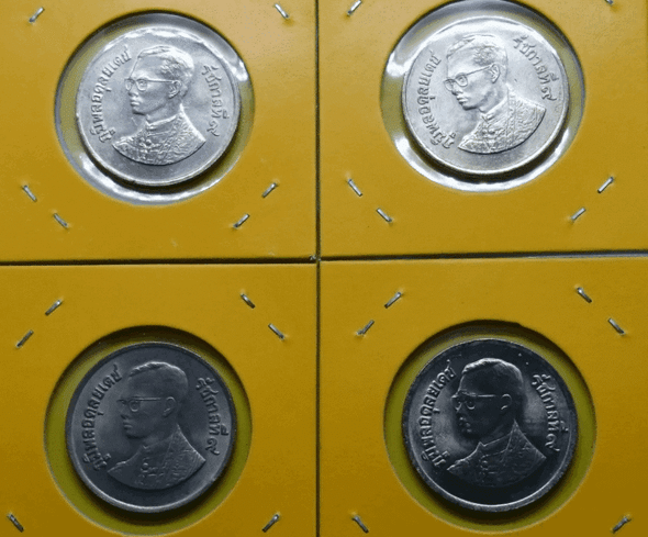 Complete set of 1 Baht coins featuring Wat Phra Kaew on the reverse, with codes from 25-26-27-28 (B.E. 2525), uncirculated.