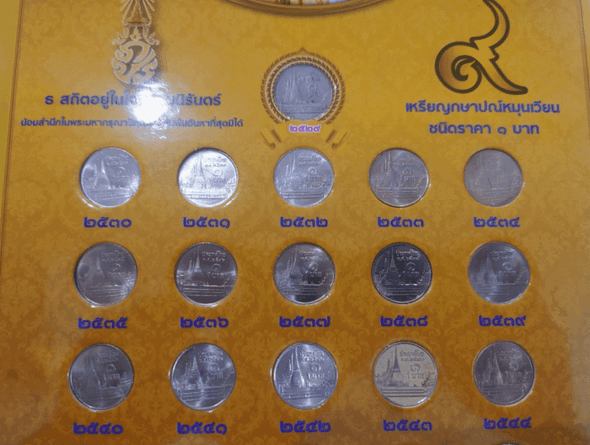 Complete set of circulating 1-baht coins, featuring the Phra Sri Rattana Chedi on the reverse, from the reign of King Rama IX. (Note: the 1986 coin is circulated, while coins from 1987-2017 are uncirculated.)