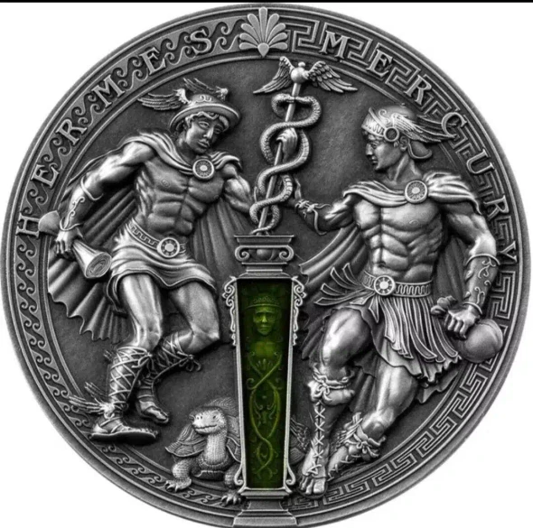 Silver Coin Hermes & Mercury 2 oz Antique Finish 5$ Niue 2022
