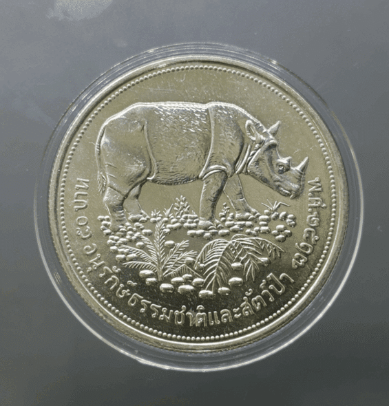 50 baht silver coin, commemorative, nature and wildlife conservation, Sumatran rhinoceros, 1974