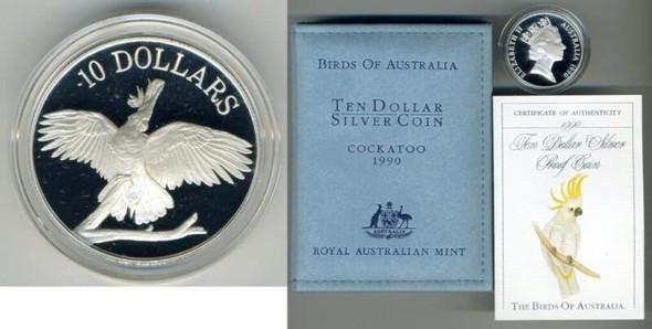 1990 SILVER PROOF $10 COIN - BIRDS OF AUSTRALIA - WHITE COCKATOO
