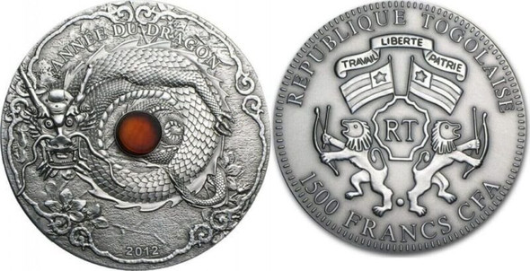 2012 - Togo 1500 Francs Year of the Dragon Amber Lunar “1” 2 Oz Silver Coin