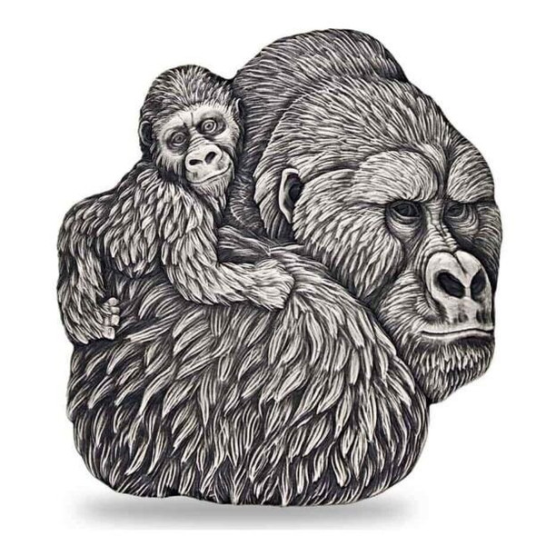 2023 - 1 Oz Silver Coin Chad 5000 CFA Gorilla & Child Shaped Antiqued High Relief